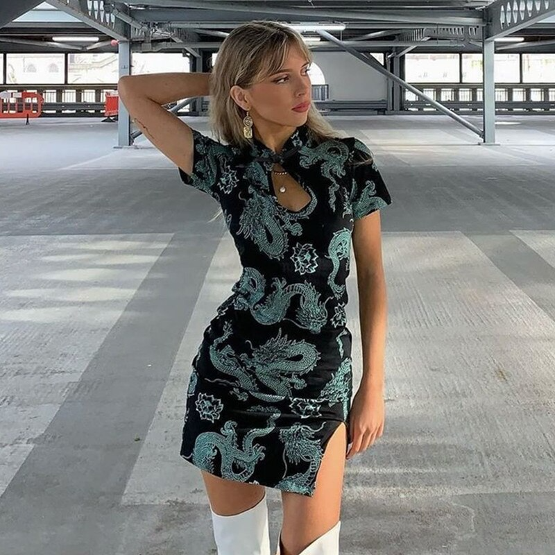 Oriental Style Dragon Print Summer Dress