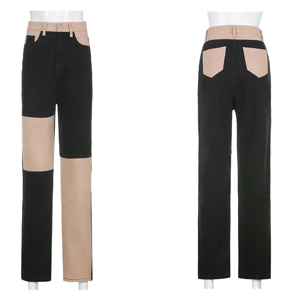 Patchwork Wide Leg Boyfriend Black Jeans