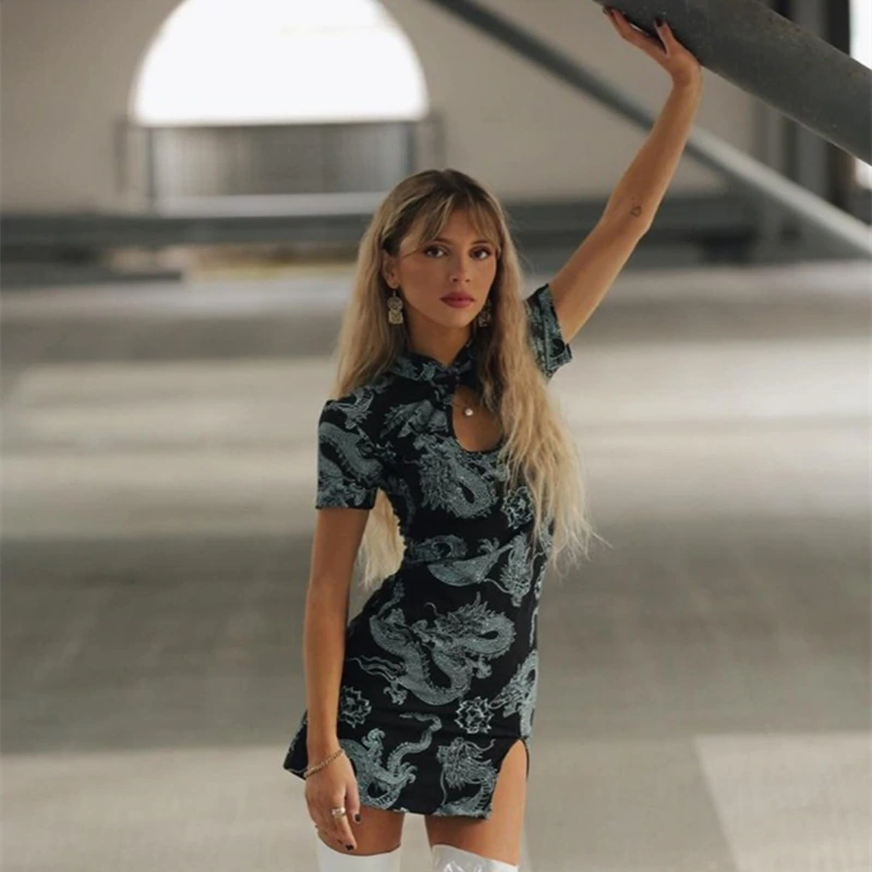 Oriental Style Dragon Print Summer Dress
