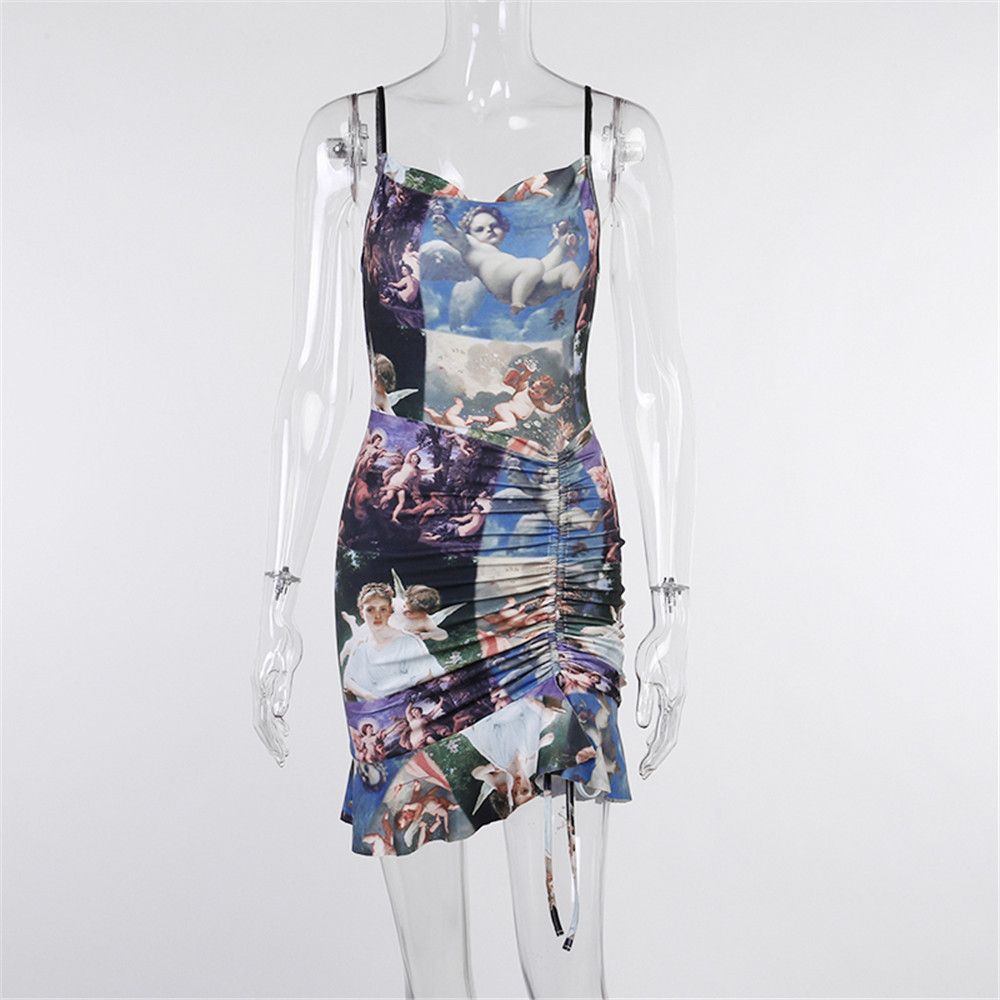 Sleeveless Art Angel Print Sling Dress