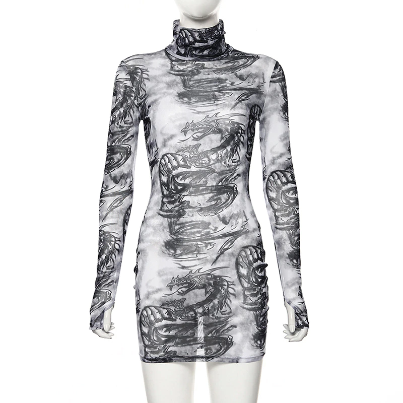 High Collar Dragon Mesh Dress