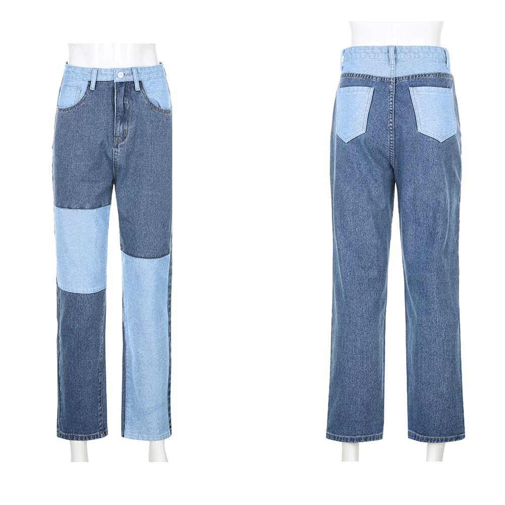 Patchwork Wide Leg Boyfriend Blue Jeans