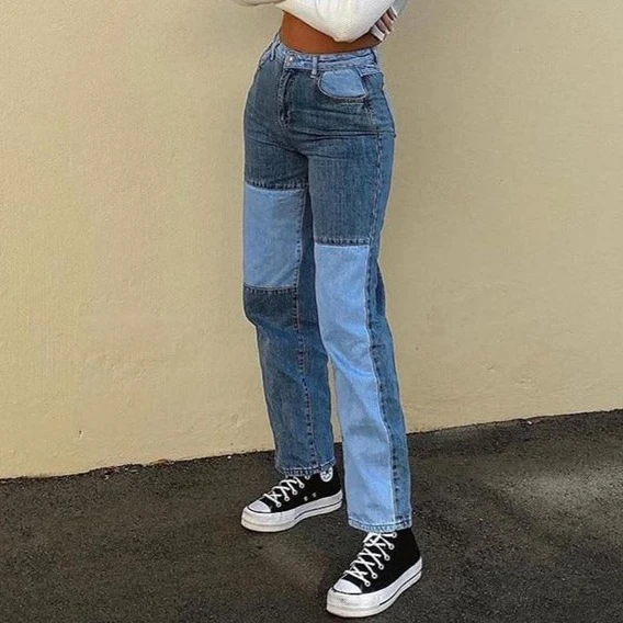 Patchwork Wide Leg Boyfriend Blue Jeans